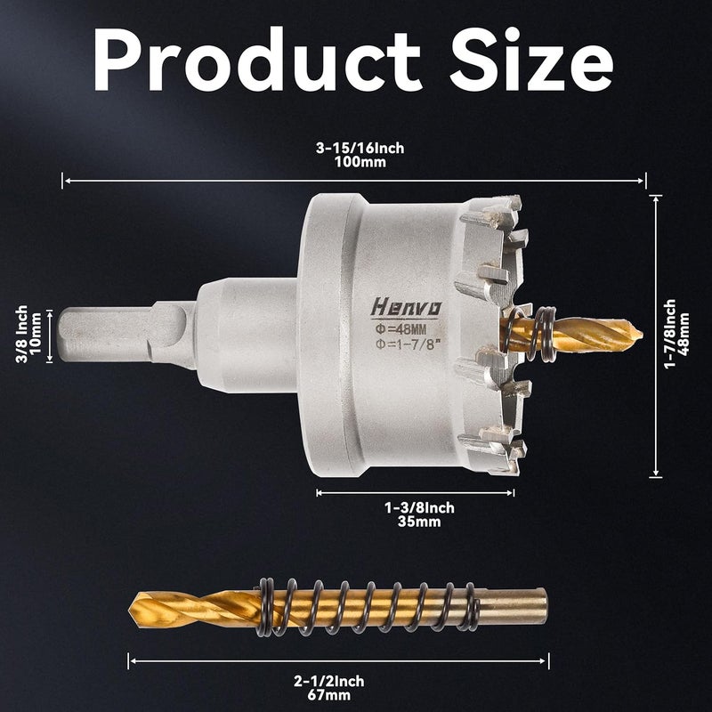 Henvo Hole Saw 1-7/8" (48mm) Heavy Duty Carbide with 2 Pilot Drill Bits - Metal Hole Cutter Cuts Stainless Steel, Iron, Copper, Brass, Plastic - Image 2